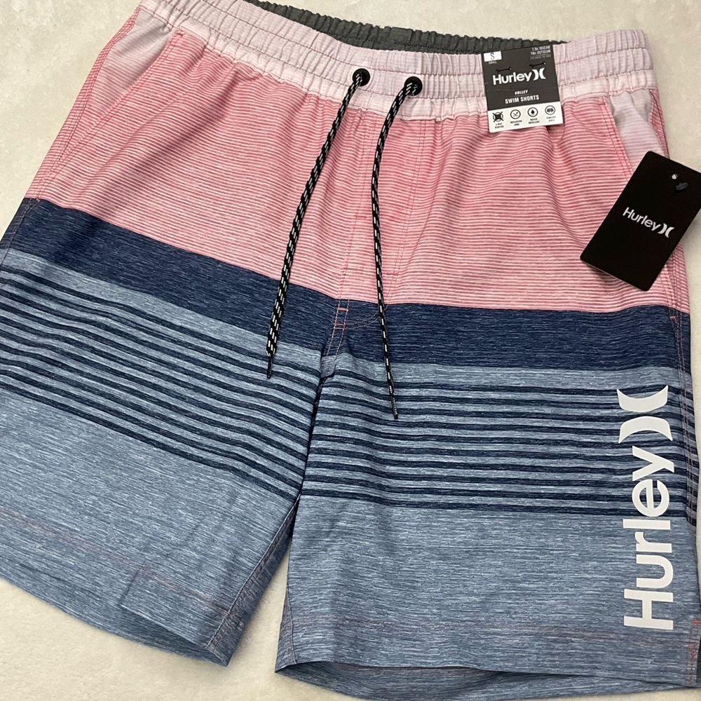 NWT HURLEY Volley Swim Shorts Pink & Blue Striped Mens Small Boxer Brief Lining